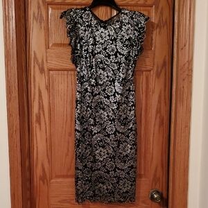Calvin Klein Black and Silver Lace Midi Dress. Size 4